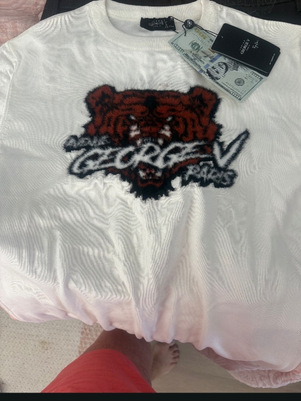 George V Paris White Short Sleeve Top with Red Tiger Logo